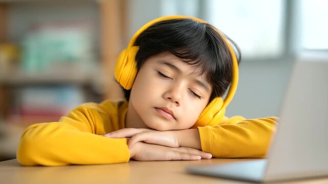 Asian kid elementary boy wearing defocused headphone laptop, faceless school student, hand support visualization detail, blurred table background, learning concept, online interfac - Powered by Adobe
