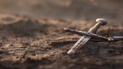 Fototapeta premium The swords and axes of the Middle Ages intersected on the ground, with mud and the smallest fragments, and dramatic side lighting.