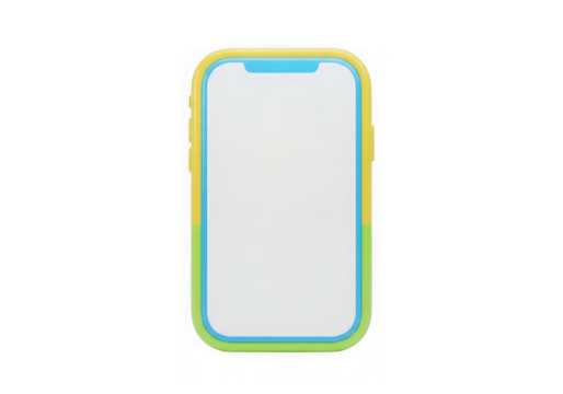 A 3d rendered smartphone with blank screen and colorful yellow, blue, green frame, symbolizing modern mobile technology, isolated on transparent background