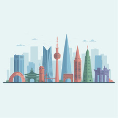 Fototapeta premium Flat design vector illustration of a diverse city skyline featuring prominent skyscrapers, towers, and cultural buildings in a modern style.