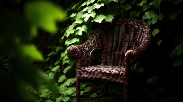 Cozy outdoor wicker chair nestled among climbing ivy vines with soft ambient light.