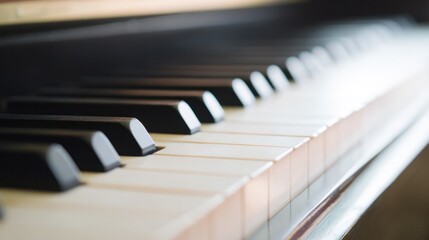 Detailed macro of piano keys in monochrome pattern emphasizing elegance and musical craftsmanship.