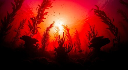 Underwater Red Glow - Silhouetted Plants in a Vibrant Aquatic Scene.