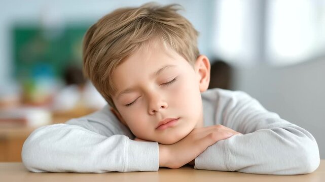 Sleeping bored tired boy in defocused classroom learning, faceless exhausted student, stress visualization detail, blurred desk background, anxiety concept, confused interface, ADH