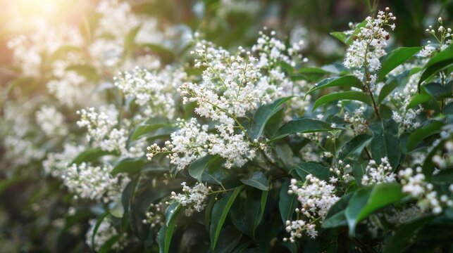 Dense privet shrub blooming with tiny white flowers, bees collecting nectar. gardening catalogs, home-decor guides, designed for gardening and botanical catalogs, enhances decor appeal.