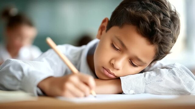 Sad upset lazy pupil schoolboy defocused writing homework, faceless exhausted child, African American visualization detail, blurred table background, unmotivated concept, boring in