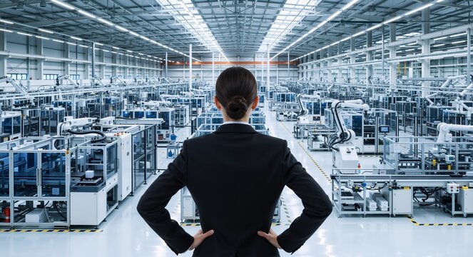 Back view of a female manager overseeing a futuristic automated factory. Industrial plant with robotic arms on an assembly line. Industry 4.0 and smart manufacturing technology - Powered by Adobe
