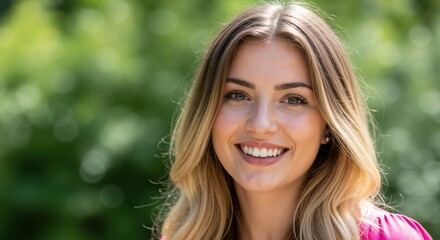 Fototapeta premium Close-up portrait of a happy young woman smiling outdoors. Cheerful caucasian female with blonde hair and a friendly expression. Natural beauty and positive lifestyle concept with copy space