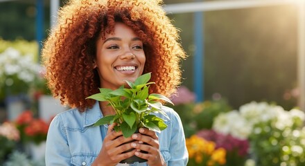 Happy young black woman with curly hair holding a plant. Smiling customer shopping for houseplants at an outdoor garden center. Gardening and nature hobby in warm sunlight