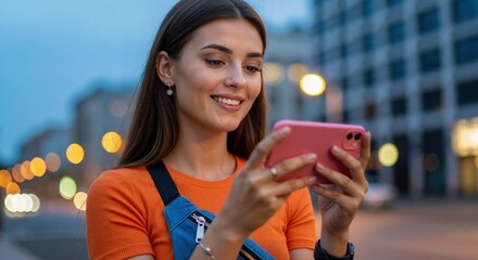 Smiling young woman using a smartphone in the city at night. Happy female browsing social media on her mobile device with a bokeh background