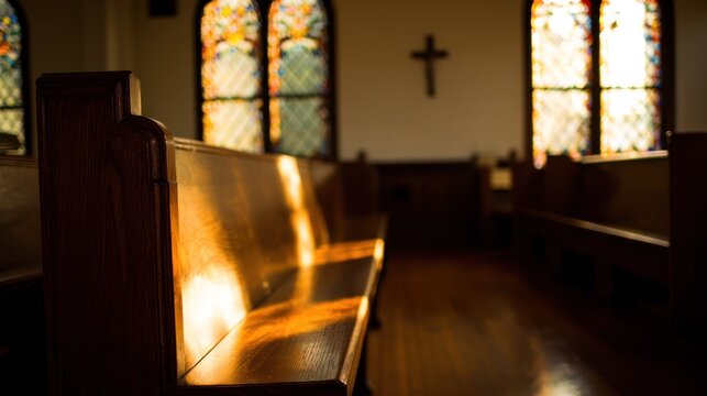 Serene church interior with light streaming through stained glass, casting golden hues on empty pews. event programs, museum guides, designed for cultural heritage projects and event programs.