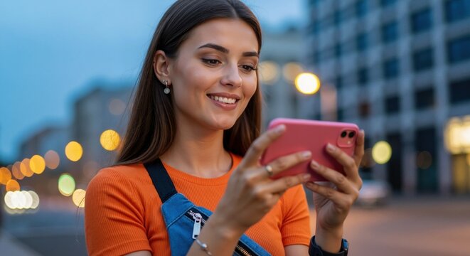 Smiling young woman using a smartphone in the city at night. Happy female browsing social media on her mobile device with a bokeh background