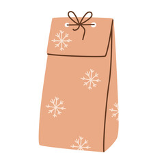 Hand-drawn kraft paper gift bag decorated with snowflakes and tied string,perfect for Christmas design,holiday packaging,festive graphics.Vector illustration isolated on white.EPS10