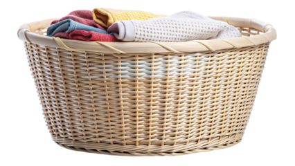 Freshly washed clothes in a light brown wicker laundry basket
