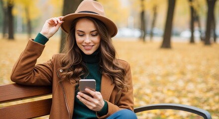 Smiling young woman using a smartphone while sitting on a park bench in autumn. Stylish female in a brown coat and hat relaxing outdoors with her mobile device.