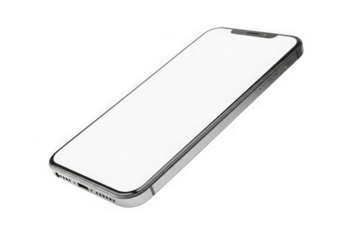 Modern smartphone with a blank white screen, sleek design, and digital interface, perfect for showcasing apps or content, isolated on transparent background