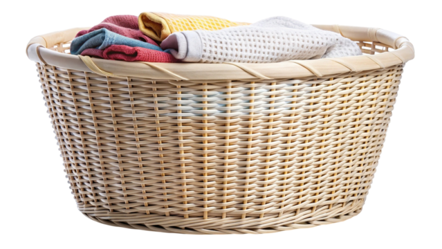 Freshly washed clothes in a light brown wicker laundry basket