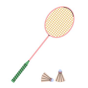 Colorful hand-drawn badminton racket icon with two shuttlecocks.Perfect for sports graphics, playful designs, and educational materials.Vector illustration isolated on white background.EPS 10