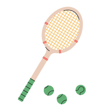 Hand-drawn retro tennis racket with three green balls.Ideal for sports graphics, creative projects and designs.Wooden vintage racket icon.Vector illustration isolated on white background.EPS 10