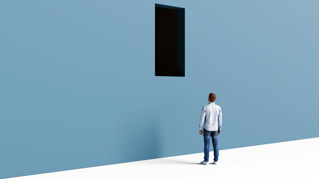 Facing uncertainty and seeking possibilities as a man stands before a high unreachable opening symbolizing doubt, limitation and the search for direction, 3d render