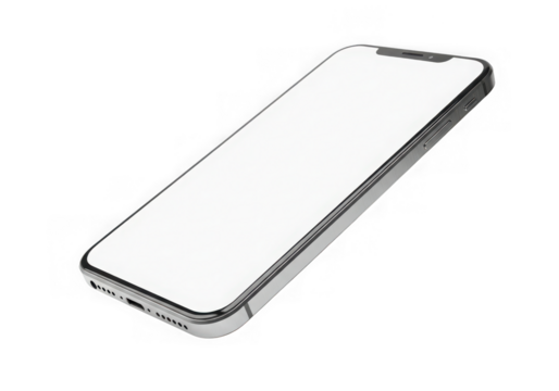Modern smartphone with a blank white screen, sleek design, and digital interface, perfect for showcasing apps or content, isolated on transparent background