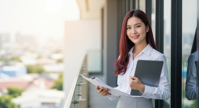 Smiling Asian businesswoman holding a digital tablet and papers on a modern office balcony. Professional female executive standing outdoors against a city skyline. Real estate agent concept - Powered by Adobe