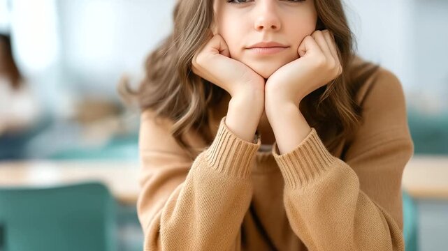 Bored thinking student girl in defocused classroom education, faceless learning disorder, reflection visualization detail, blurred school background, problem-solving concept, menta