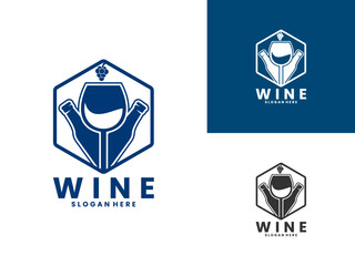 Wine glass with hexagon logo design vector template. Wine logo design vector
