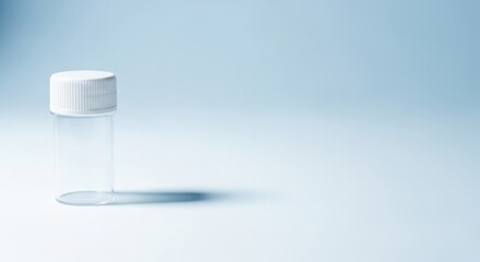 Clear glass vial with white cap. Empty transparent medicine container for laboratory sample or liquid storage. Medical instrument concept.