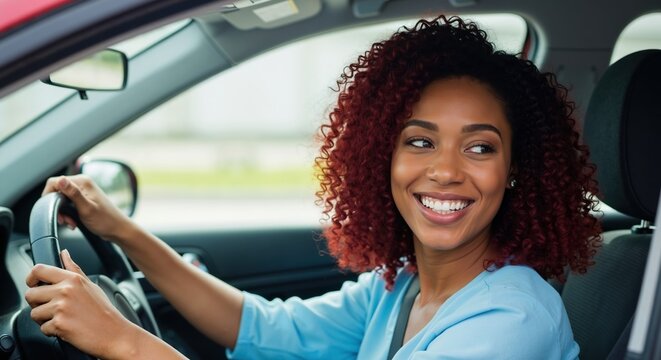 Happy young african american woman smiling while driving a car. Cheerful female driver holding the steering wheel during a road trip
