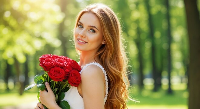Young woman holding a bouquet of red roses in a sunny park. Smiling female with long hair enjoying a summer day outdoors. Romantic gift or Valentine's Day concept