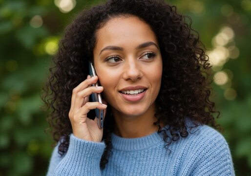 Smiling young woman with curly hair talking on a mobile phone. Happy mixed-race person having a pleasant conversation outdoors - Powered by Adobe