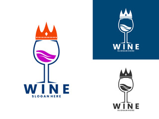 Wine king logo design icon. Glasses wine combination with crown logo design vector. Wine logo design vector template