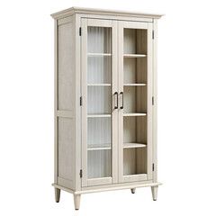 Elegant light wood display cabinet with glass doors on white.