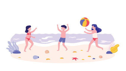 Children enjoying playful poses on a sunny beach with gentle ocean waves depicting summer vacation fun and seaside activities for kids
