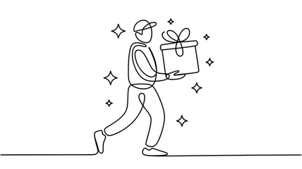 Delivery man carrying a gift box continuous line drawing vector illustration isolated on white background