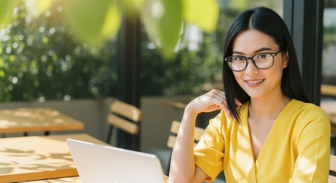 Smiling young Asian woman with glasses working on a laptop in a bright cafe. Portrait of a confident professional or student studying online