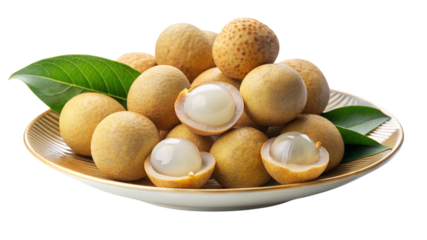 Fresh longan fruits on a plate with leaves, ripe and peeled