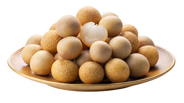 Fresh longan fruits on wooden plate with one peeled, juicy
