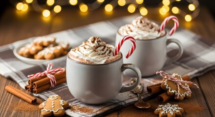 Two festive mugs of hot chocolate with whipped cream, candy canes, and gingerbread cookies.