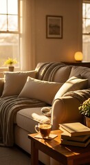 Cozy Living Room with Warm Sunlight and Relaxing Atmosphere.