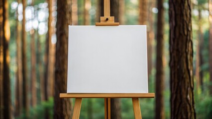Blank canvas on an easel set against a backdrop of tall trees, creating a serene and inspiring atmosphere for artistic expression.