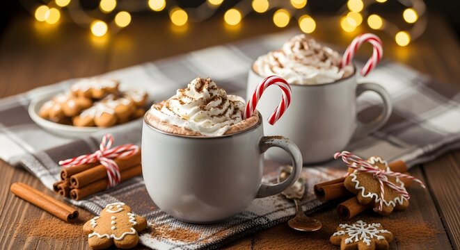 Two festive mugs of hot chocolate with whipped cream, candy canes, and gingerbread cookies.