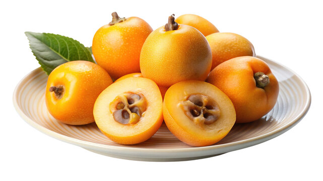 Fresh ripe loquats on a plate, whole and halved, revealing seeds
