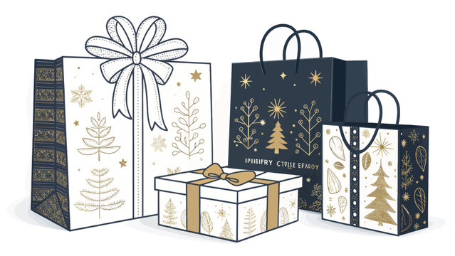 Elegant holiday gift bags and a present box with festive gold decorations convey a feeling of joy and anticipation for Christmas celebrations