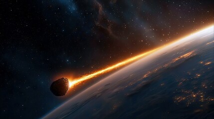 Obraz premium A large asteroid streaks through space, burning intensely as it enters Earth's atmosphere. The planet below is visible with city lights glowing in the darkness,
