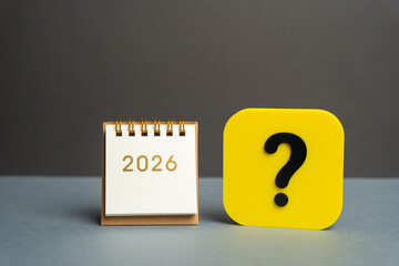 Calendar 2026 and a question mark next to it. Symbolizing plans, uncertainty, upcoming goals, and future decisions.