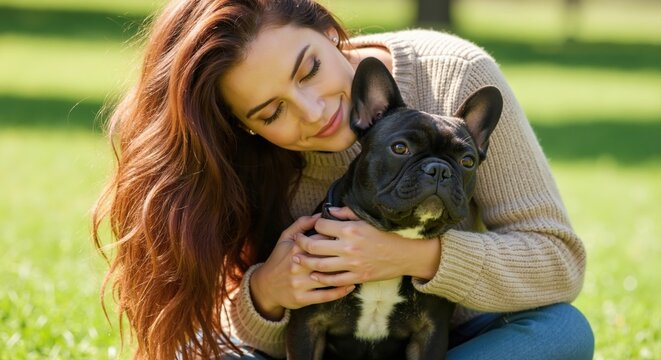 A smiling young woman affectionately hugging her black french bulldog in a park. Pet owner and her cute dog sharing a tender moment outdoors. Human and animal friendship concept