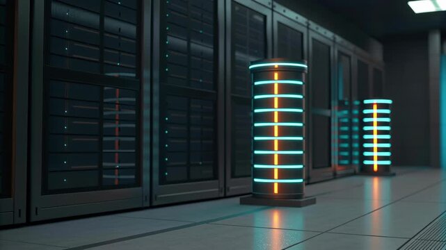 Glowing data center server room with cylindrical cooling unit and column of servers, futuristic data center server tower with cooling unit rings