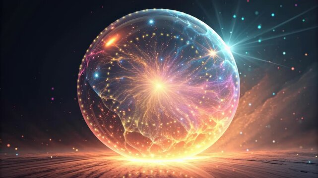 Radiant glowing orb with swirling cosmic light and sparkles, luminescent ethereal magical sphere emitting glowing filament and colorful sparkles